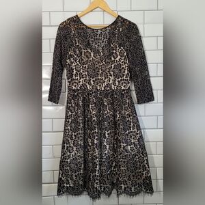 ELIZA J  Navy Blue Cream Floral Lace Dress Classic Lined Knee Length Three Quart